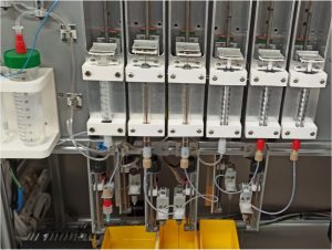 Figure 5: (a)(b) The ‘Analysis Assay Subsystem’ that uses multiple syringe pumps for injecting the different biosensor’s substances into 96 well microplates,